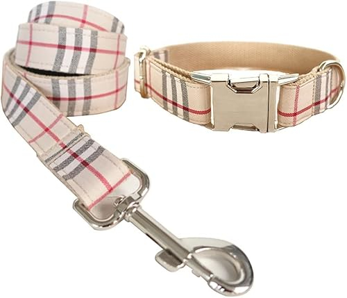 RC GearPro Nylon Adjustable Dog Collar Khaki Plaid Pattern Zinc Alloy Metal Easy to Use Buckle Dog Collar, Classic Pet Collar Leash Rope Set for Small Medium Large Dogs, Collar L + Lead 120cm
