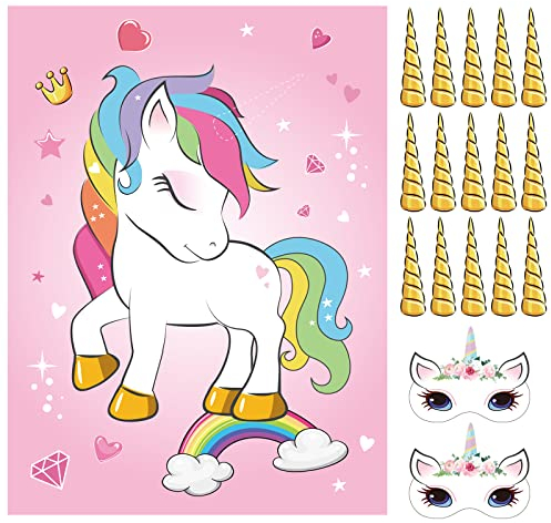 ASTARON Pin The Horn on The Unicorn Birthday Game with 30 Horns for Unicorn Party Supplies Favors Girls Rainbow Party Decorations, Pin The Tail Game for Christmas