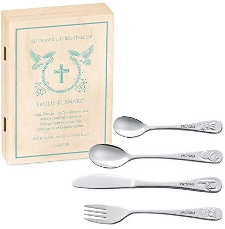 Maverton Set de couverts de table personnalisé dans boîte en bois imprimée - couvert bebe - Thème Animal - Cadeau bapteme fille - Pour filles - Cadeau bébé - Coutellerie gravée - pigeonne
