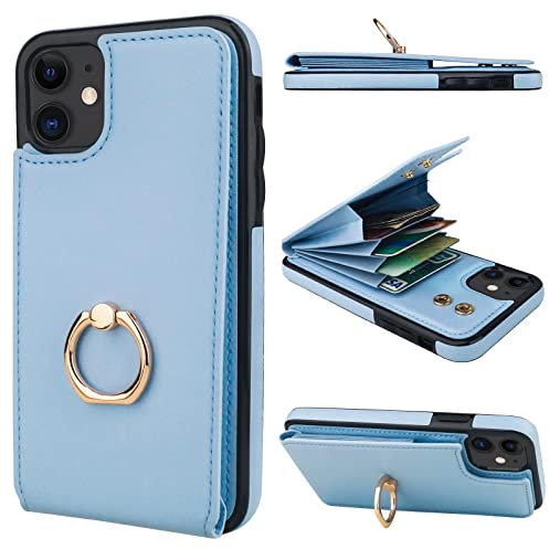Folosu Compatible with iPhone 11 Case Wallet with Card Holder, 360°Rotation Finger Ring Holder Kickstand Protective RFID Blocking PU Leather Double Buttons Flip Shockproof Cover 6.1 Inch Blue