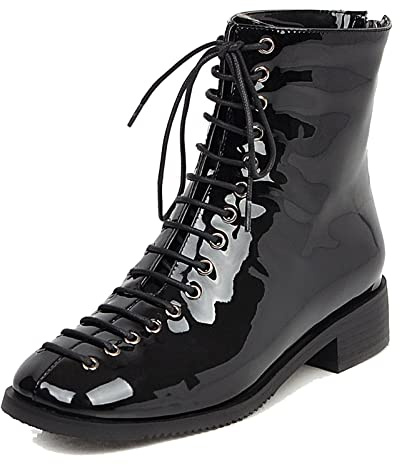 Bviennic Damen Strappy Komfort Runde Zehen Reißverschluss Military Motorradstiefel Schnüren Lack Chukka Stiefeletten Mitte Absatz Combat Stiefeletten Schwarz Gr 36.5 EU-37Cn