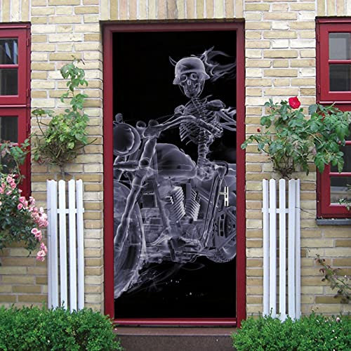 Tür tapeten 4d selbstklebend Skelett & Motorrad Türposter Türaufkleber Abnehmbare Vinyl türfolie Fototapete diy Wandbild Wohnzimmer Schlafzimmer Kinderzimmer Badezimmer B100 x H200cm