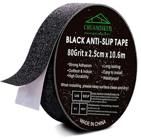 CHUANGSEED Schwarzes Anti-Rutsch-Band Selbstklebend 2.5cm x 10,6m High Grip Anti-Rutsch-Klebeband, Antirutsch Klebeband Wasserfest Treppe Anti Rutsch Streifen für den Innen- und Außenbereich