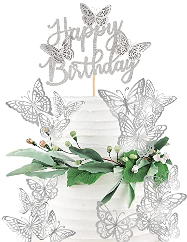 Xsstarmi 25 Pack Butterfly Cake Topper Glitter 3D Butterfly Cupcake Toppers With Happy Birthday Cake Topper for Wedding Anniversary Baby Shower kids Birthday Party Cake Decorations Silver