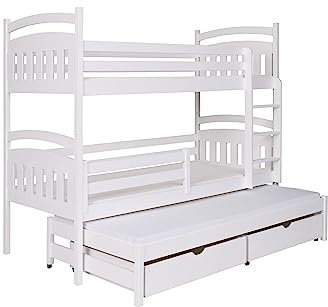 KEF Maja Etagenbett Kinder 80x170 cm - Etagenbett 3 Personen - Holz Kinderbett - für DREI Kinder - mit Schubladen - Ausziehbares Drittes Bett - mit Matratze - Weiß
