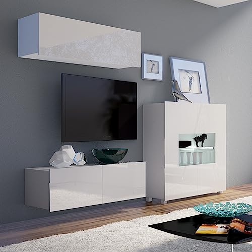 Lomadox Wohnwand Anbauwand weiß Hochglanz 3-teilig Modern, mit 1 TV-Lowboard, 1 Stauraumschrank, 1 Highboard