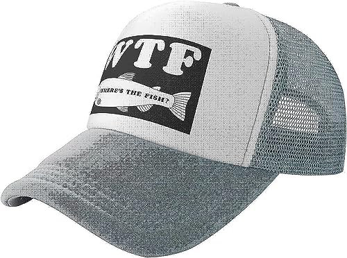 Unisex Erwachsene WTF Where's The Fish Mesh Back Sun Caps Trucker Hat Fishing Dad Hat Baseball Cap Hüte für Männer Frauen, grau, One size
