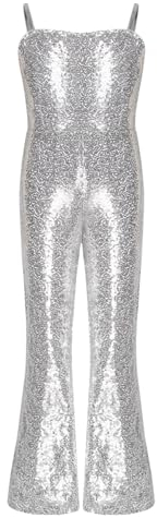 dPois Mädchen Glänzend Gymnastikanzug Einteiler Body Jumpsuit Pailletten Overall Lang Turnazug Trikot Ärmellos Glitzer Tanz Turnen Bühne Kostüm A Silber 158-164