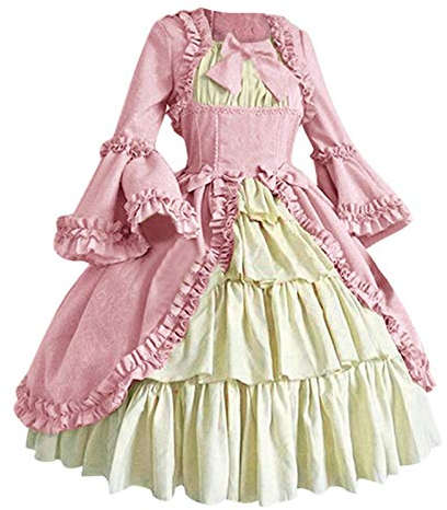 MKIUHNJ Costume de cosplay pour femme - Avec nœud en dentelle - Manches longues - Style gothique - Écharpe de pirate médiévale - Robe Lolita - Rose - Taille XXXL