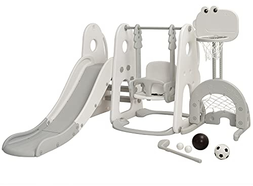 HOMASIS 6-in-1 Kinderrutsche mit Schaukel, Freistehende Rutsche & Schaukel & Basketballkorb & Kletterleiter & Fußballtor & Golfloch, Kinder Spielplatz für ab 3 Jahre Indoor & Outdoor (Grau+Weiß)