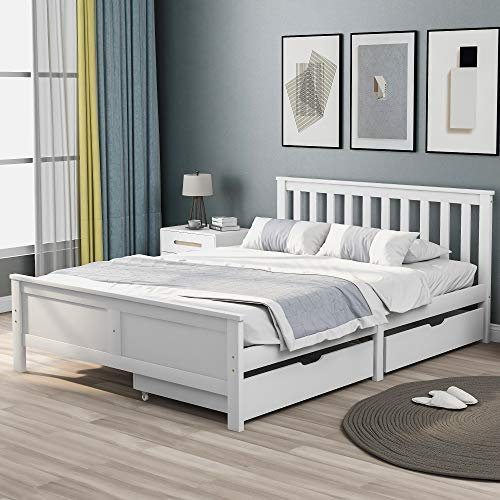 BTM Double Bed White, Kids Bed with Drawers, Wooden Bed Double, White Double Bed Frame For Adults, Kids, Teenagers(190x135cm)