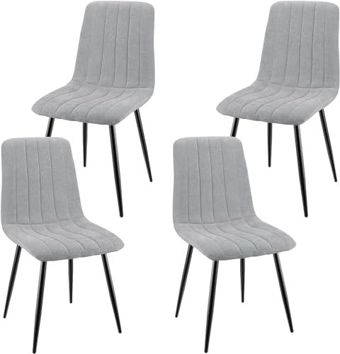 JIJIAN Juego de 4 Sillas de Comedor, Sillas Tapizadas con Tela de Lino y Patas de Metal Negro, Diseño de Rayas, Sillas de Comedor para Comedor Sala de Estar Dormitorio Cocina Salón Recepción, Gris