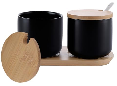ZOFUN Juego de 2 azucareros de cerámica con cuchara y tapa de bambú, 260 ml, recipiente de cerámica negro, azucarero, especiero de cerámica con bandeja de madera, para harina, café, cereales o