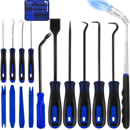 Hochferr 15 teiliger Nadel und Hakensatz Pick Set für O-Ringe Schaber Teleskop Magnet-Heber Zierleistenkeile Set Auto Türverkleidung Hebelwerkzeug Installationswerkzeug Clip Entferner (Blau-15 TLG)