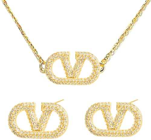 Schmuckset für Damen Halskette Ohrringe Set Buchstabe V Geometrische Hypoallergen Quadrate Ohrstecker Ohrringe Anhänger Halskette Modeschmuck für Frauen und Mädchen Geschenke Gold & Silber JS