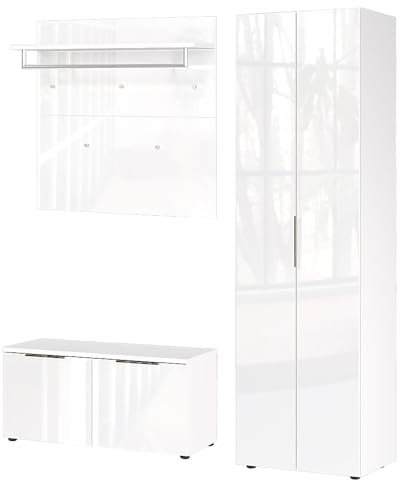 Lomadox Flurmöbel Set weiß Glasfronten Flurschrank Garderobenpaneel mit Hutablage Garderobenbank