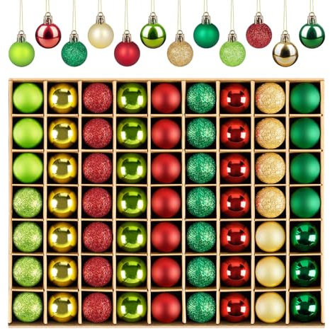 Anstore Weihnachtsbaumschmuck – 63 Stück Mini-Kugeln, 3,5 cm, mit Schnüren für Weihnachtsbaum, Hochzeit, Party, Urlaub (Rot, Grün, Gold)