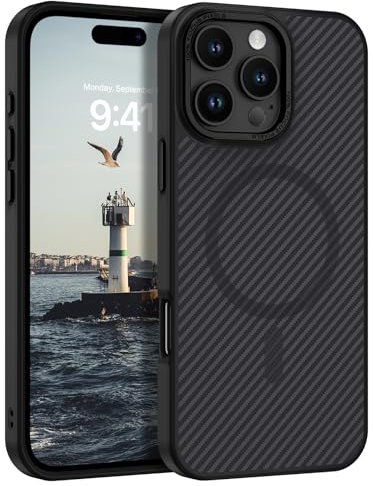 DOMAVER Case for iPhone 16 Pro Max,[Compatible with mag-safe]Carbon Fiber Metal Lens Frame+Buttons Support Wireless Charging Men Women Slim Shockproof Protective Phone 16 Pro Max Cover 6.9 Inch,Black