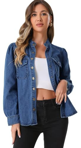 Allegra K Denim Jackets for Women, Stand-Up Collar, Puff Sleeve, Long Sleeve, Button Down Denim Shirt, blue, XL