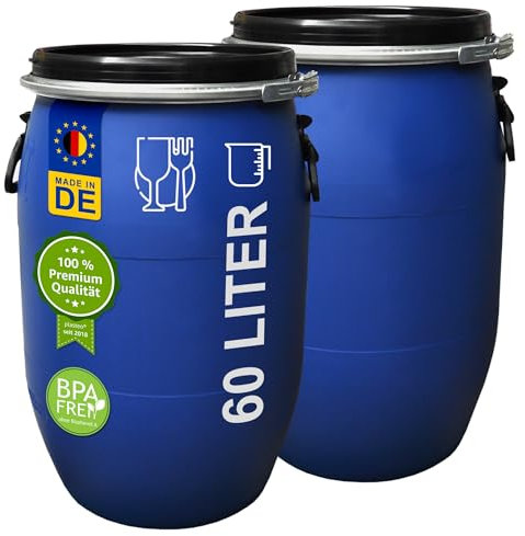 plasteo® 2X 60 Liter Deckelfass Lebensmittelecht Weithalsfass mit Spannverschluss | Futtertonne | Universalfass | Lagerfass | Campingfass | Transportfass | Regenfass | Stapelbar | Blau