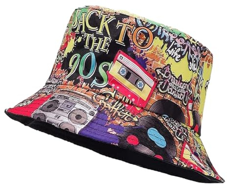 Yuannee Fischerhüte Bucket Hat Retro 90er Jahre Stil,Doppelseitig Tragbar Unisex Sonnenhut für Damen Herren 90er Jahre Accessoires Modische Fischerhut für Outdoor Party Fasching