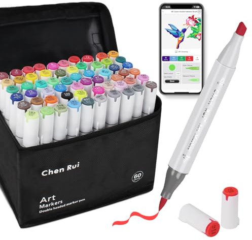 Chen Rui 60 Colours Alcohol Brush Markers with Free App, Brush and Chisel Tip Alcohol Pens for Adults, Drawing Markers for Anime Manga Drawing and Sketching