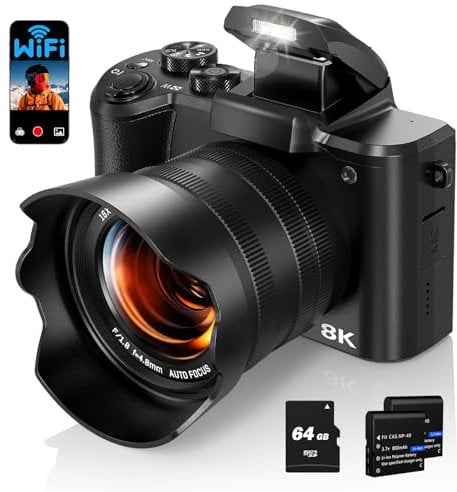 Fulealfly Cámara digital 8K para fotografía, 88MP Autofocus WiFi Vlogging Cámara para YouTube Video con lente frontal y trasera, Flash, visualización táctil, parasol de lente, tarjeta de 64 GB, 2