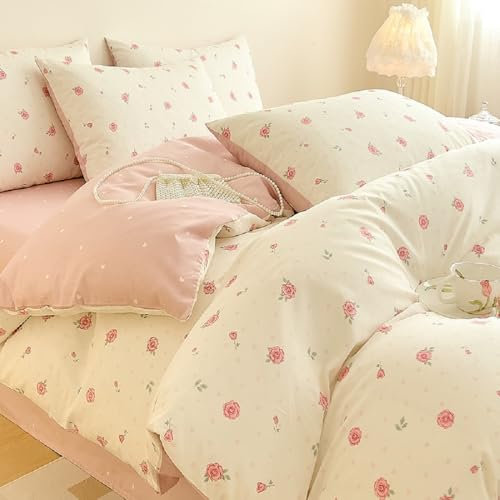 Lanqinglv Bettwäsche 135x200 Rosa Weiß Blumen Aesthetic Bettwäsche Herzen aus Microfaser - ÖKO-TEX Bettwäsche Set Allergiker - Wende Bettbezug mit Reißverschluss und 1 Kissenbezug 80x80 cm