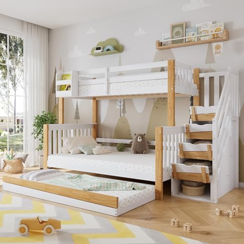 Gxffipw Etagenbett Kinderbett 90x200 & 120x200 cm mit Treppe und Rausfallschutz, Bett mit Stauraum und Ausziehbett 90x190 cm, Hochbett Holzbett mit Lattenrost für 2-3 Kinder, Weiß+Natur, Ohne Matratze
