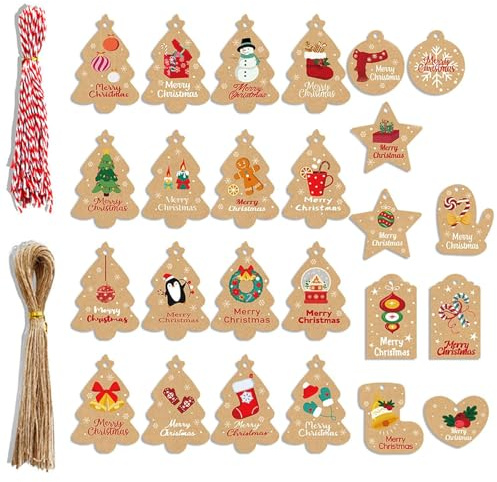 Duoleimi 25 m rouge vert ficelle de boulanger ficelle naturelle ficelle de jute 2 mm ficelle pour colis résistante à la déchirure, avec 100 étiquettes cadeaux Noël étiquettes en papier kraft brun