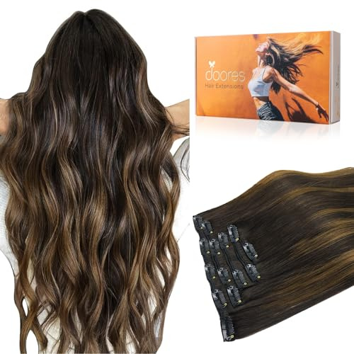DOORES Echthaar Extensions Clip, Balayage Dunkelbraun bis Kastanienbraun 40cm 16 Zoll 75g 5pcs, natürliche Haarverlängerungen Clip in