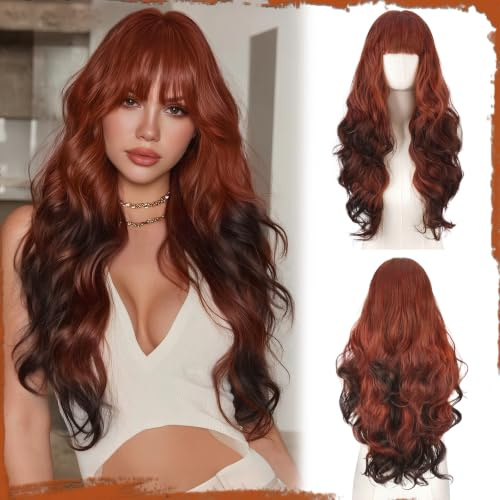 Sofeiyan Perücke Damen,60 cm Langhaarperücke Damen mit Pony | Gewellte Lange Perücken,Synthetische Haar für Täglich Partys Festliche Cosplay,Ombre Orange