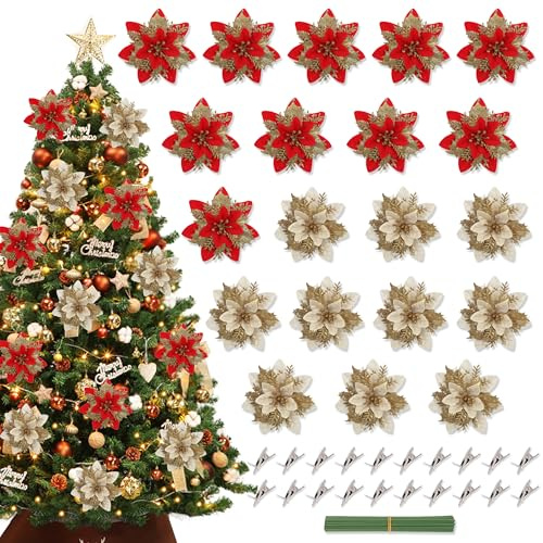 JNYUTEEN 20 Piezas Flores Navideñas de Pascua Brillantes, Artificiales con Pinzas y Tallos de 14.5 cm, Nochebuena para Decoración de Árbol de Navidad
