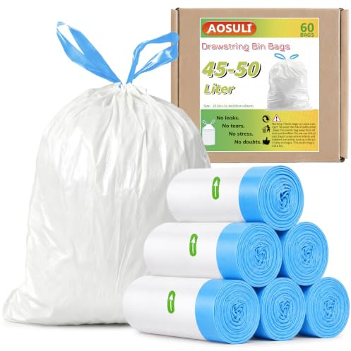 AOSULI 50L Heavy Duty Bin Bags with Drawstring, White, 60 Count | Tear-Resistant, Strong Swing Bin Liners, Easy Closure, Ideal for Kitchen and Household Use