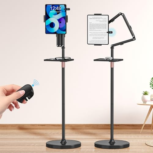 Houele Tablet Floor Stand with Remote Page Turner, iPad Floor Stand Kindle Holder with Removable Tray for Bed, Height Adjustable Tablet Mount iPad Holder for 4.7 -15.6 Kindles iPads and Phones