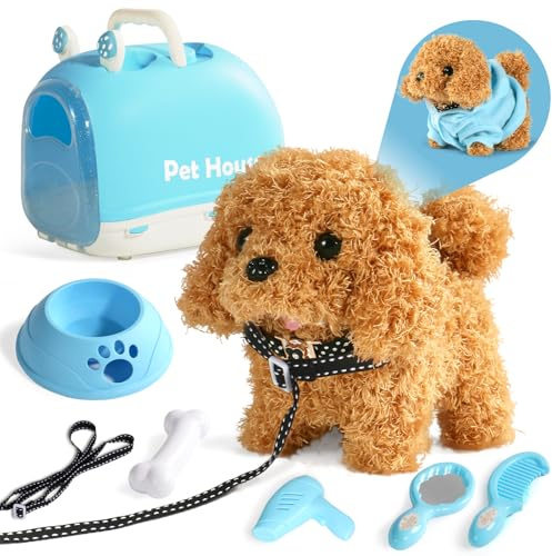 Perrito Juguete Ladra y Anda con Correa - Perro Robot Peluche Niña 2 Años | Incluye Jaula, Correa, Cepillo y Secador | Mascota Electrónica sin Piezas Pequeñas | Regalo Niña 2 3 Años