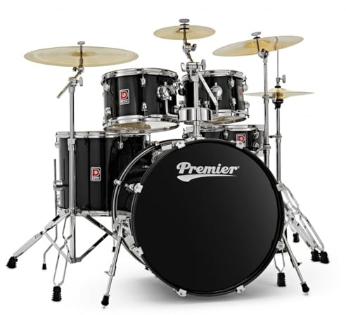 Premier Revolution 22 5-teiliges Schlagzeug-Bundle, Schwarz | Spielfertiges 5-Teiliges Set mit Hardware Becken und Hocker, Enthält Beide Becken-Erweiterungspakete, Schwarz