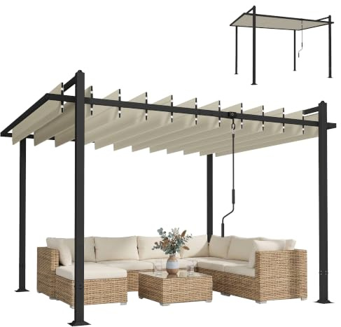 Outsunny Pérgola de Jardín 3x3,8 m con Techo de Lamas Ajustable 90° Beige | Manivela, Estructura de Aluminio y Acero, Protección UPF50+, Cenador de Jardín, Pabellón para Exterior