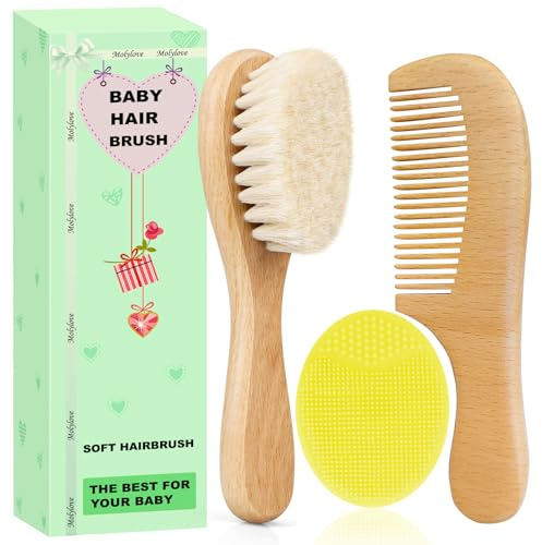 Molylove 3PCS Baby Hair Brush and Comb Set for Newborns & Toddlers | Wooden Baby Brush Set with Soft Goat Bristles l Wood Comb l Yellow Cradle Cap Brush| Ideal for Cradle Cap