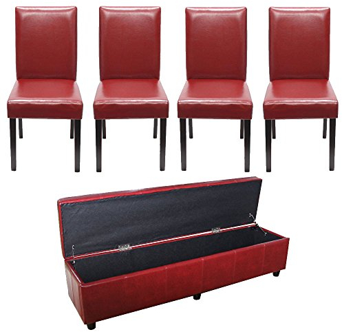 Mendler Garnitur Sitzgruppe Bank mit Aufbewahrung Kriens XXL+4 Stühle Littau, Kunstleder/Leder FSC®-Zertifiziert - rot