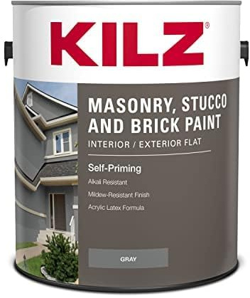 KILZ Self-Priming Masonry, Stucco and Brick Paint, Interior/Exterior, Flat, Gray, 1 Gallon