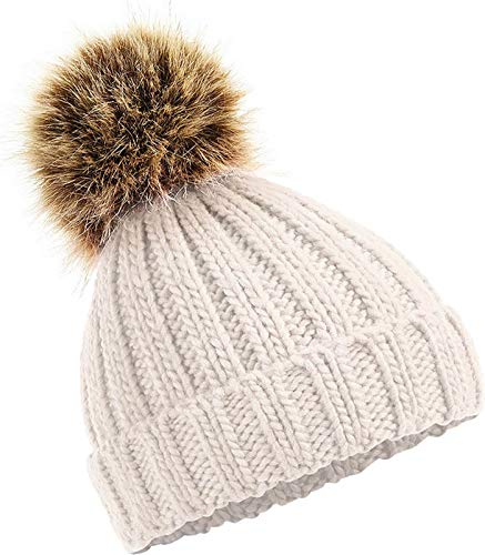 Neverless® Baby Wintermütze Jungen Kleinkind Strickmütze Bommelmütze Grobstrick Mütze mit Kunstfell beige Unisize