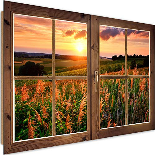 Quadro Decorativo 3D Finestra XXL 120x80 cm 1 pezzo Stampa Murale Fotografia Decorazione da parete Immagini Moderni per Soggiorno Camera da Letto Ufficio Paesaggio Sole Arancione