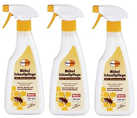 Renuwell Möbel Schnellpflege mit Bienenwachs, 3x 500 ml – Reinigung und Pflege für Möbel und Holzoberflächen, entfernt Staub & Fingerabdrücke, frischt Farben auf, Schweizer Qualität