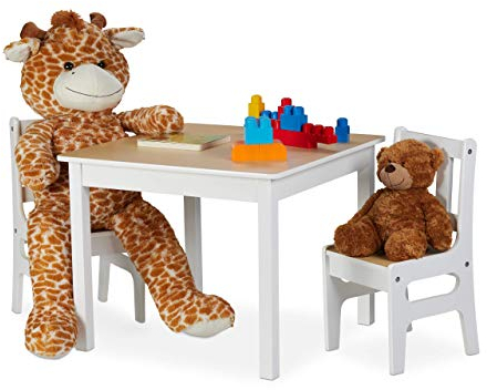 Relaxdays Kindertisch mit 2 Stühlen, Indoor Sitzgruppe für Kinder, 3-teiliges Set, robuste Kindermöbel, MDF, weiß/Natur