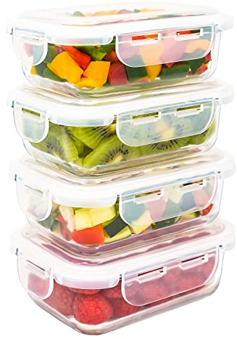 LG Luxury & Grace Pack 4 Fiambrera de Cristal 360 ml. Recipientes Herméticos para Alimentos. Envases Contenedores. Recipiente Aptos para Microondas, Horno, Lavavajillas y Congelador. Sin BPA.