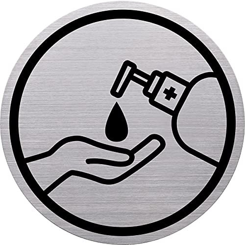 Helit H6272100 Pictogramme « désinfecter les mains » le badge, en acier inoxydable, diamètre 115 mm, hauteur 0,5 mm, 1 pièce