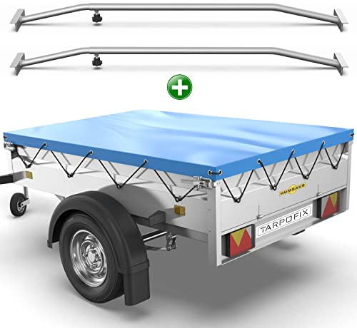 Tarpofix® Anhänger Plane 258x136cm + 2X Planenbügel | für 1300kg PKW Hänger | Flachplane aus PVC PLANENMATERIAL | Verstärkte Humbaur Anhängerplane | Anhänger Zubehör Plane + Flachplanenbügel | Blau