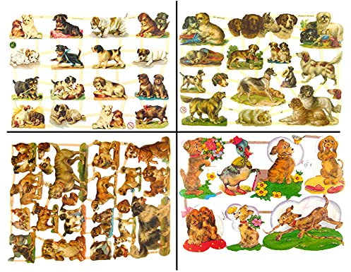 Glanzbilder Hunde Motiv Set aus 4 verschiedenen Oblaten Papierbögen zum Basteln und Verzieren