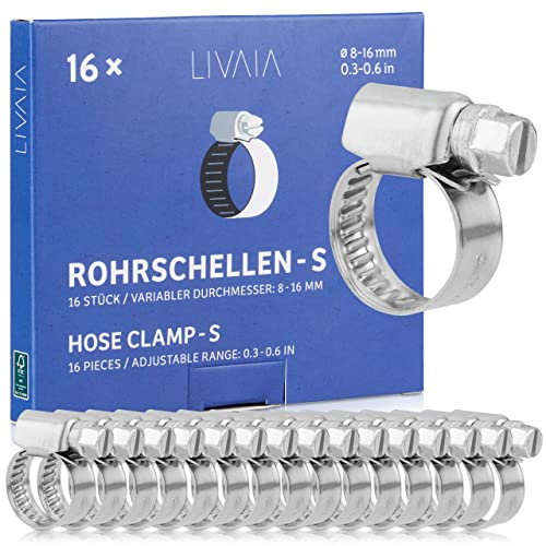 Set morsetto per tubi: 16x morsetti tubo in acciaio inox 8mm - 16mm - Set di morsetti per tubi - attrezzi tubo acciaio inox - LIVAIA